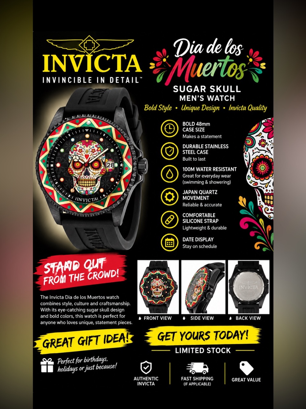 Invicta Black Silicone Men's Watch with Multicolor Sugar Skull Dial